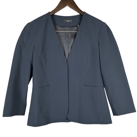 Theory Lindrayia Admiral Crepe Blazer Women 8 Deep Navy 3/4 Open Front Office - Picture 3 of 15